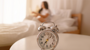 Clock in foreground with a woman waking up in bed in the background