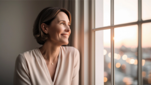 Woman smiling looking out window.