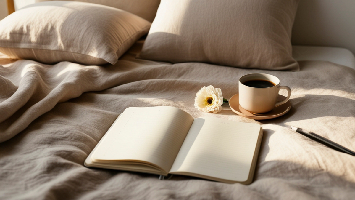 Open journal and coffee on a bed in soft morning light