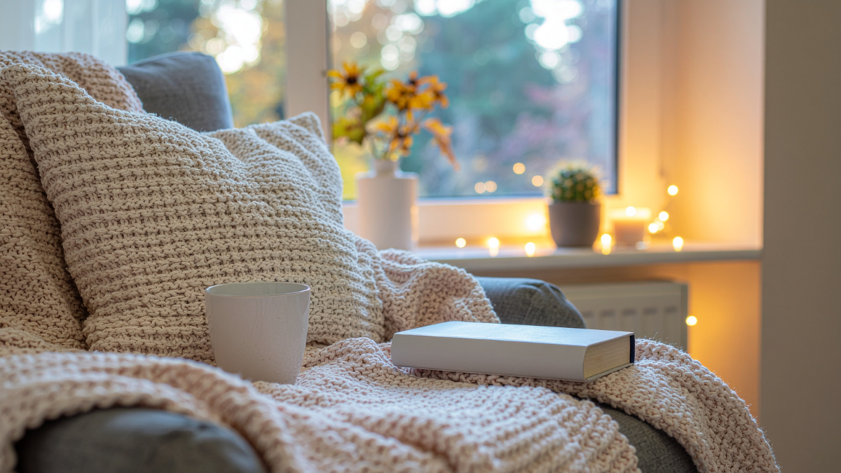 Cozy chair with a blanket, mug, book, flowers, and soft window light.